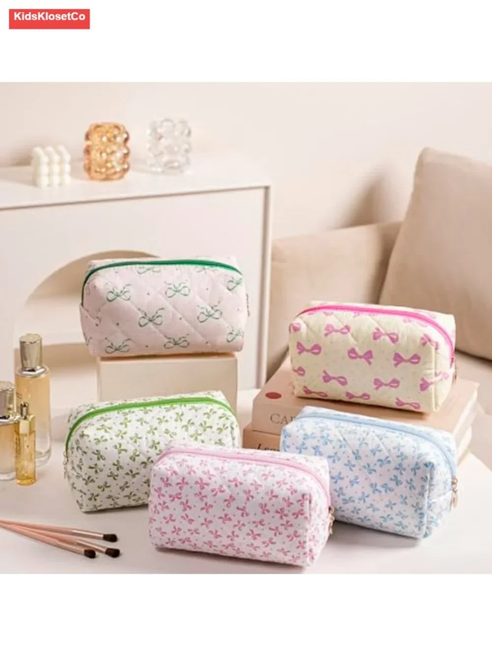 Quilted Cotton Makeup Bag - Large Capacity Travel Cosmetic Pouch with Metal